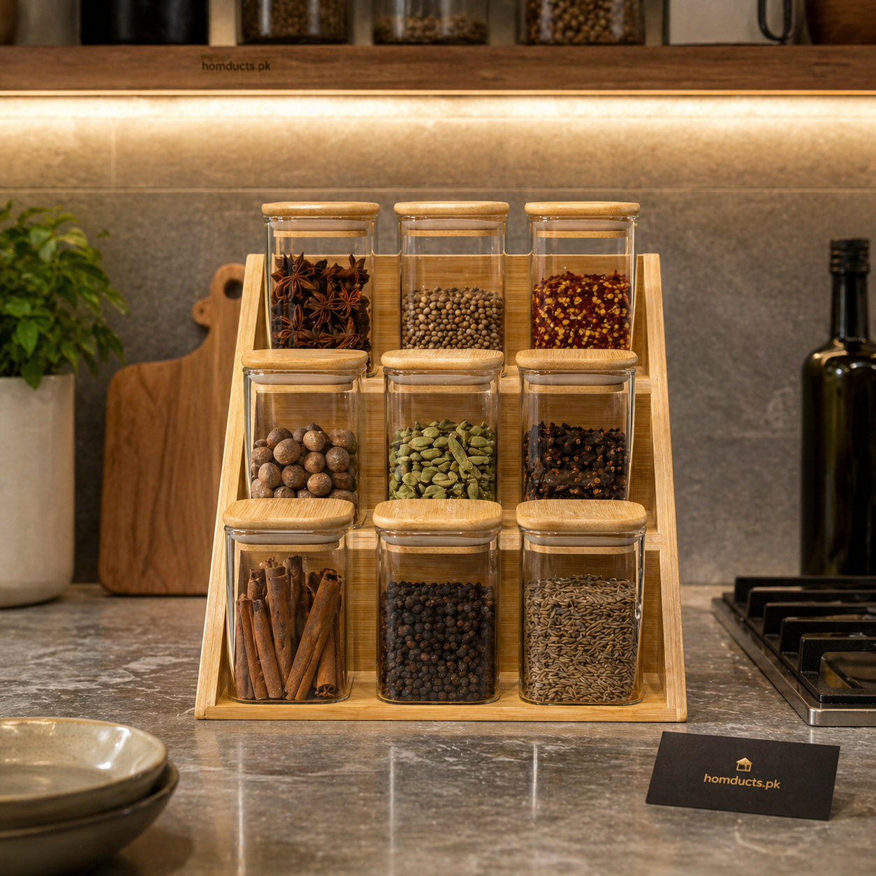 Luxury 9 Jar Glass Spice Organizer Set with Wooden Stand – Premium Kitchen Storage Rack