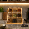 Luxury 9 Jar Glass Spice Organizer Set with Wooden Stand – Premium Kitchen Storage Rack