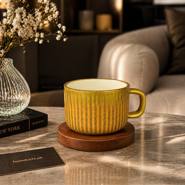 Luxury Ribbed Coffee Cup Set with Wooden Coasters – 6 Cups & 6 Coasters Premium Tea Set