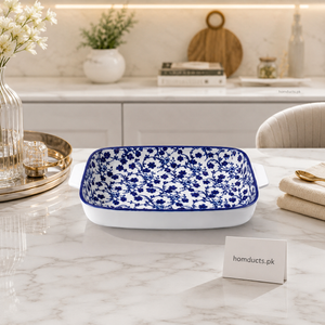 Danny Home 11-Inch Blue Floral Ceramic Baking Dish with Handles | Premium Oven & Serving Dish