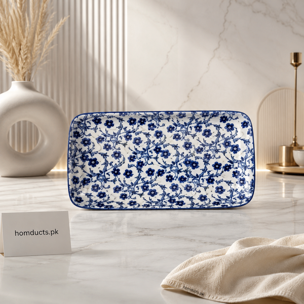 Danny Home 8 Inch Rectangular Floral Ceramic Serving Plate | Premium Snack & Dessert Platter