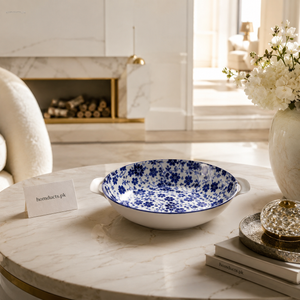 Danny Home 11 Inch Blue Floral Ceramic Round Serving Bowl with Handles | Premium Serving Dish