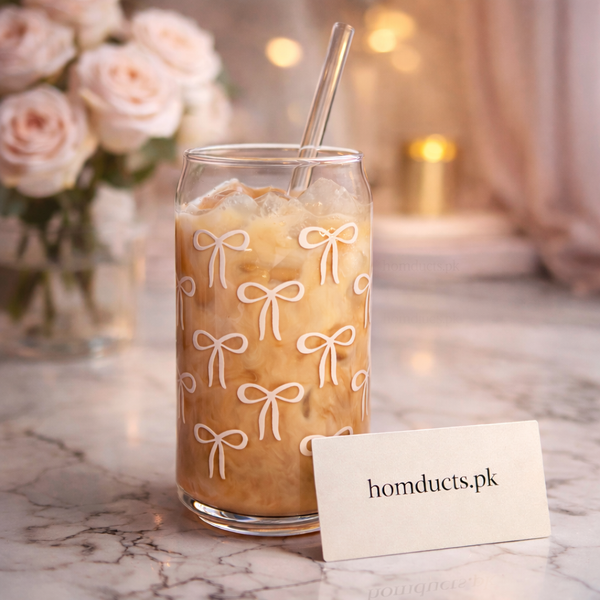 Luxury Glass Tumbler with Bamboo Lid & Reusable Glass Straw – Aesthetic Bow Design | Homducts.pk