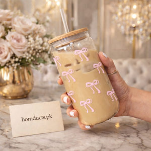 Luxury Glass Tumbler with Bamboo Lid & Reusable Glass Straw – Aesthetic Bow Design | Homducts.pk