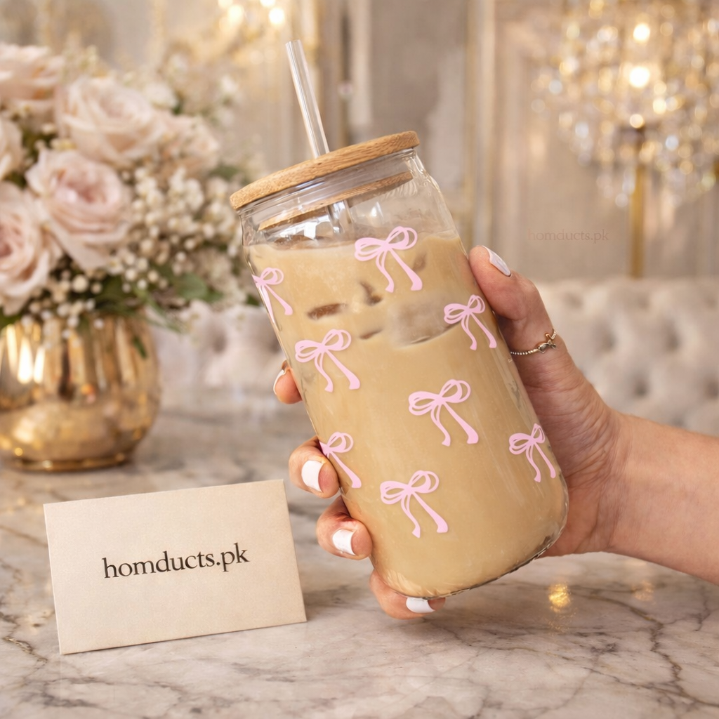Luxury Glass Tumbler with Bamboo Lid & Reusable Glass Straw – Aesthetic Bow Design | Homducts.pk