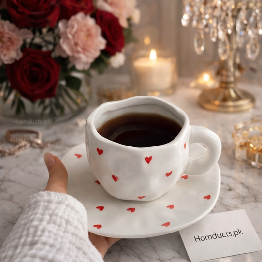 Luxury Heart Print Ceramic Coffee Cup & Saucer Set – Premium Tea & Coffee Mug | Homducts.pk
