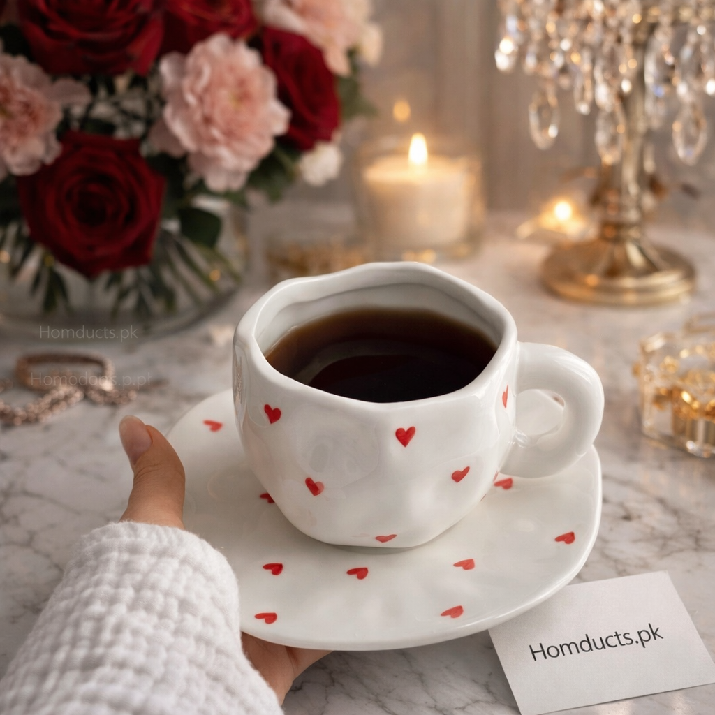 Luxury Heart Print Ceramic Coffee Cup & Saucer Set – Premium Tea & Coffee Mug | Homducts.pk