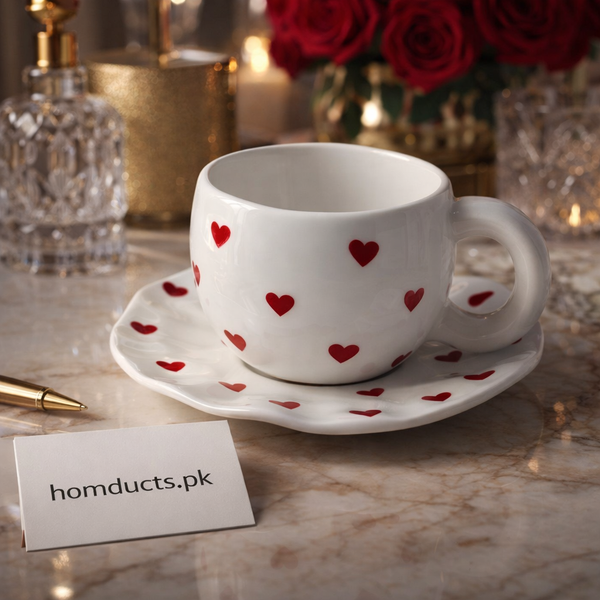 Luxury Heart Print Ceramic Coffee Cup & Saucer Set – Premium Tea & Coffee Mug | Homducts.pk