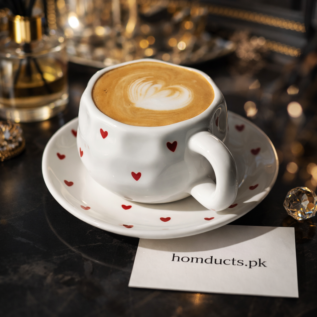 Luxury Heart Print Ceramic Coffee Cup & Saucer Set – Premium Tea & Coffee Mug | Homducts.pk