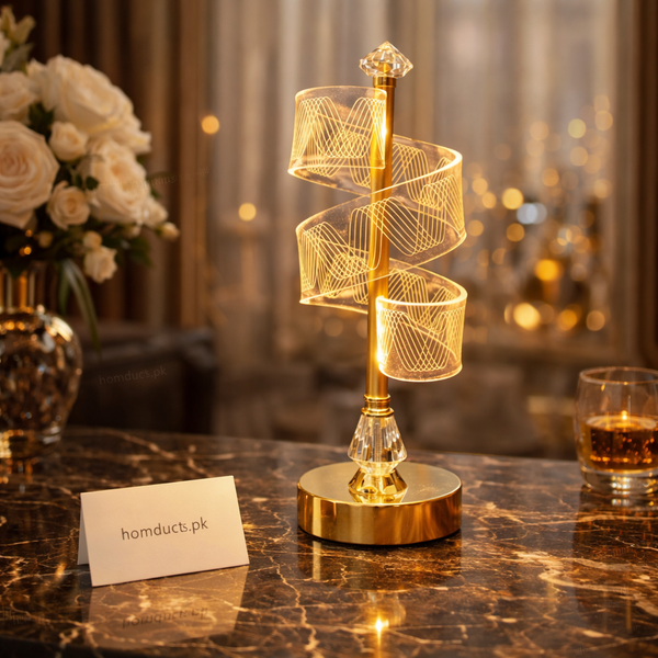 Luxury Crystal Spiral LED Table Lamp – Golden Finish Ambient Bedside Lamp | Homducts.pk