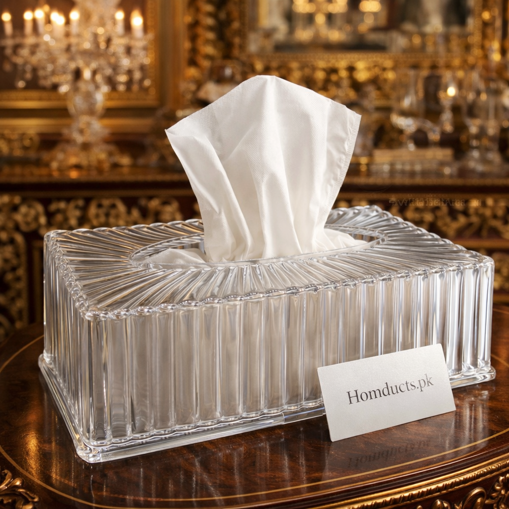 Luxury Crystal Glass Tissue Box Holder – Elegant Ribbed Design | Homducts.pk