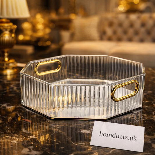Luxury Ribbed Glass Serving Tray with Gold Handles – Premium Organizer Tray
