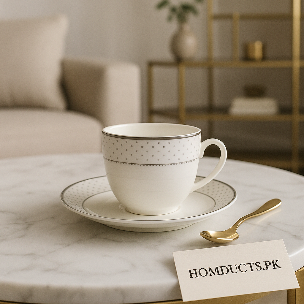 Luxury Porcelain Cup & Saucer Set – Elegant Silver Dot Design – 6 Pcs