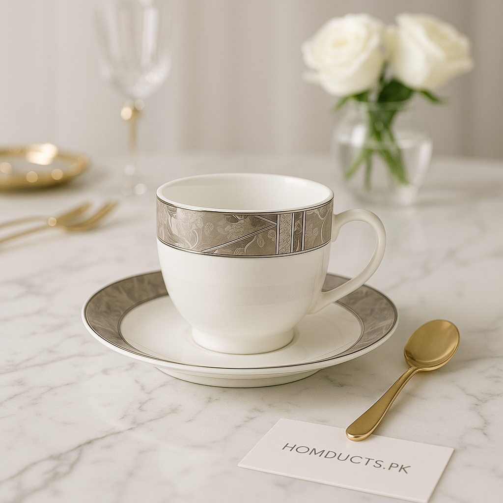 Luxury Porcelain Cup & Saucer Set – Elegant Silver Marble Design (6 Pcs)