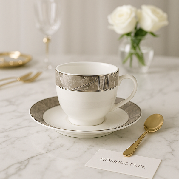 Luxury Porcelain Cup & Saucer Set – Elegant Silver Marble Design (6 Pcs)