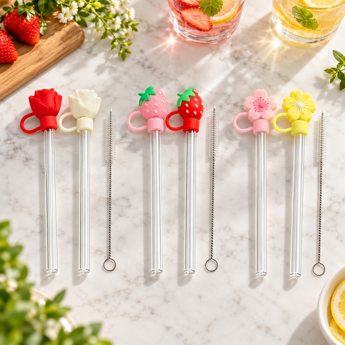 2-Piece Reusable Glass Straw Set with Decorative Toppers & Cleaning Brush