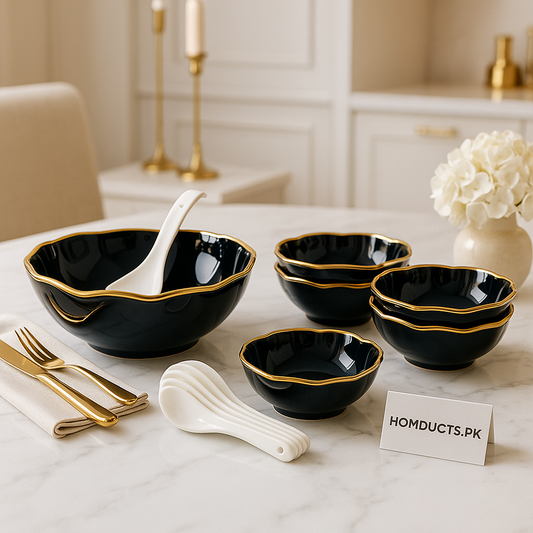 Luxury Black & Gold 14-Piece Soup Bowl Set with Spoons – Premium Dining Collection