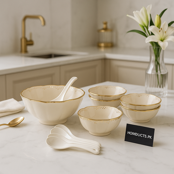 Luxury 14-Piece Porcelain Soup Set – Premium Cream & Gold Bowls with Spoons