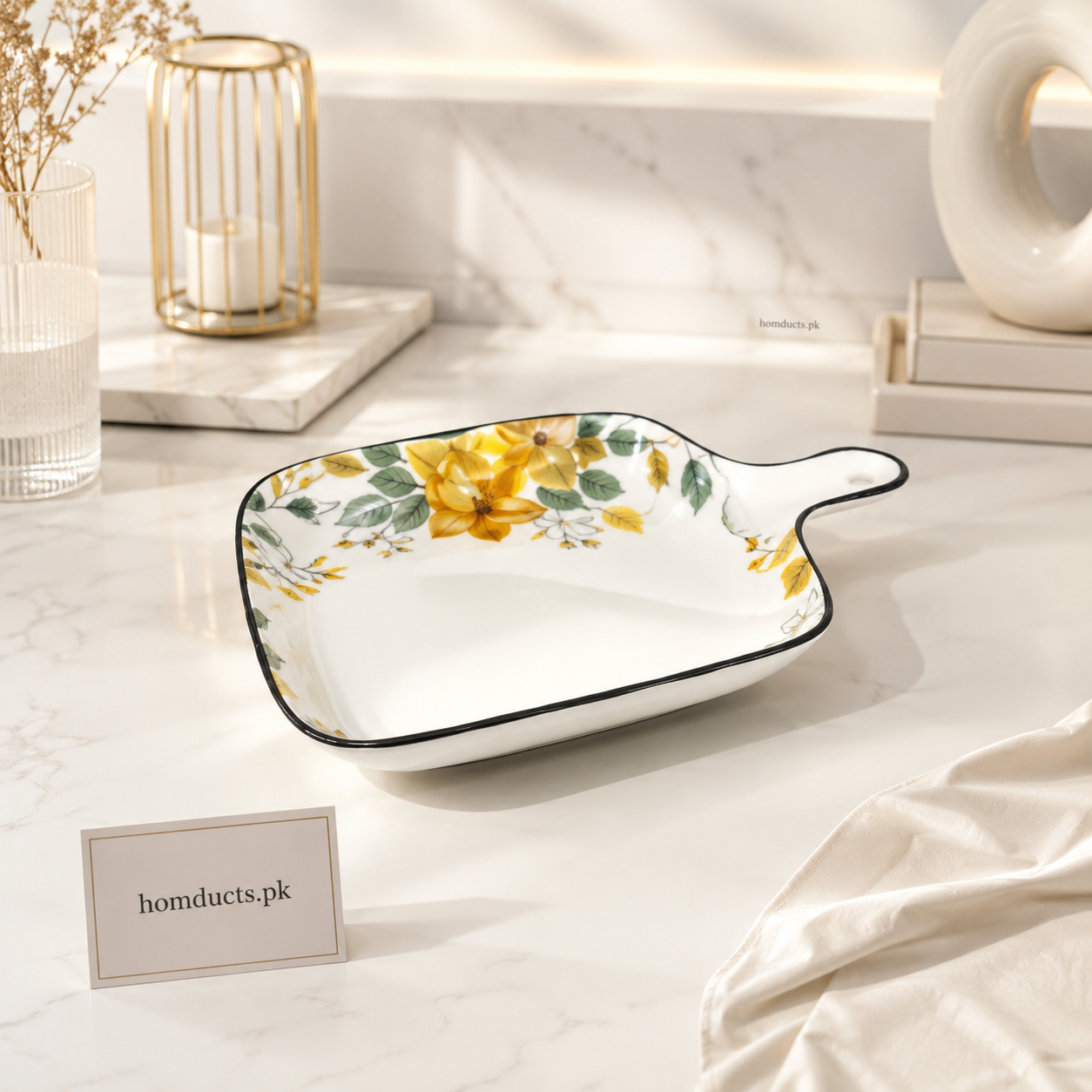 Brilliant 9 Inch Floral Ceramic Square Serving Platter with Handle | Premium Serving Plate