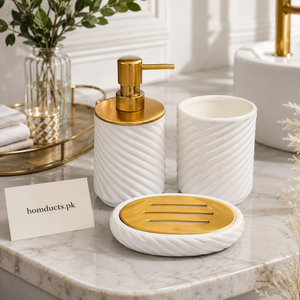 Brilliant 3-Piece Luxury Ceramic Bathroom Accessory Set – Soap Dispenser, Tumbler & Soap Dish (White & Gold)