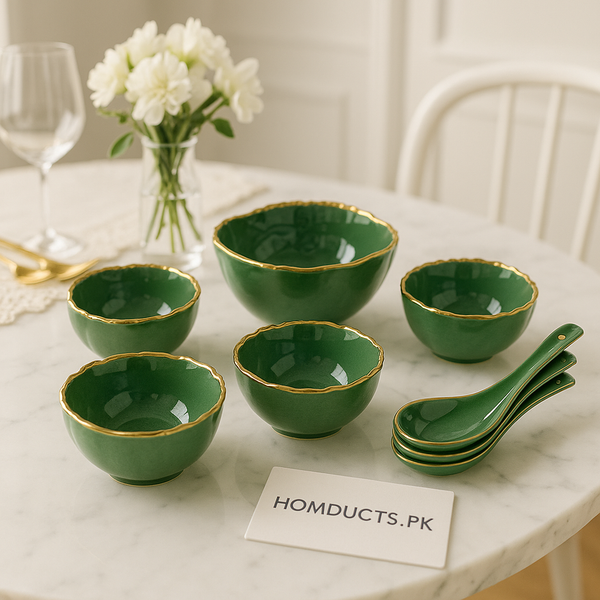 Emerald Luxe 14-Piece Porcelain Soup Set with Golden Rim – Premium Bowls & Spoons