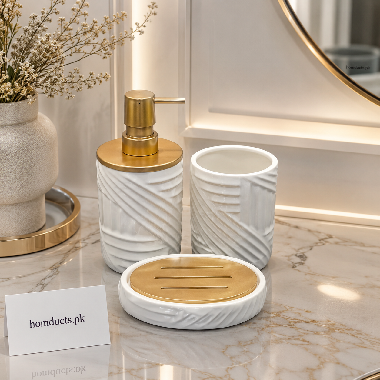 Brilliant 3-Piece Ceramic Bathroom Accessories Set with Soap Dispenser, Toothbrush Holder & Soap Dish – Luxury White & Gold
