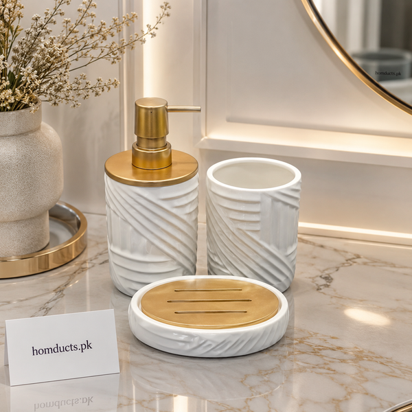 Brilliant 3-Piece Ceramic Bathroom Accessories Set with Soap Dispenser, Toothbrush Holder & Soap Dish – Luxury White & Gold