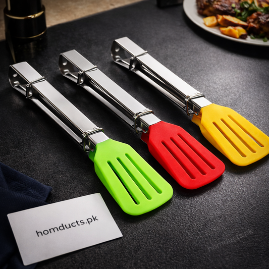 Premium Stainless Steel & Silicone Cooking Spatula Tongs – Heat Resistant Kitchen Turner (1 PC)