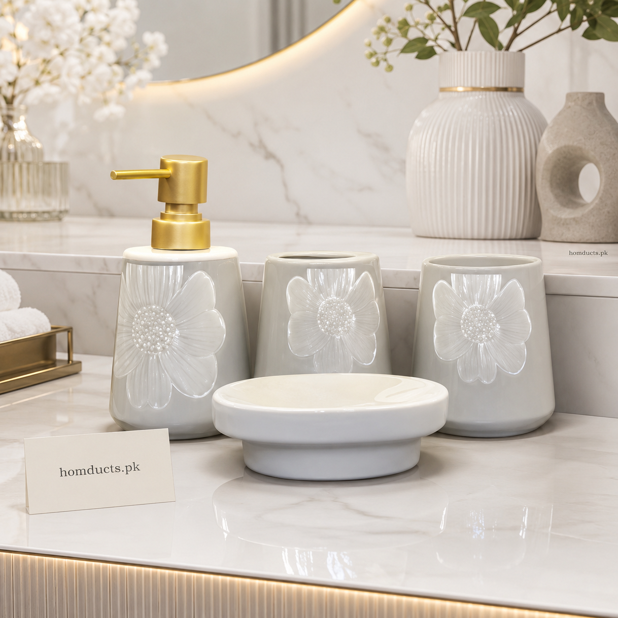 Brilliant Luxury Ceramic Bathroom Accessories Set – 4 Piece Soap Dispenser, Tumbler & Soap Dish Set