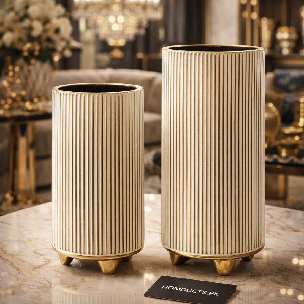 Luxury Ribbed Ceramic Planter with Gold Base – Elegant Home Décor Vase (1 Pc)