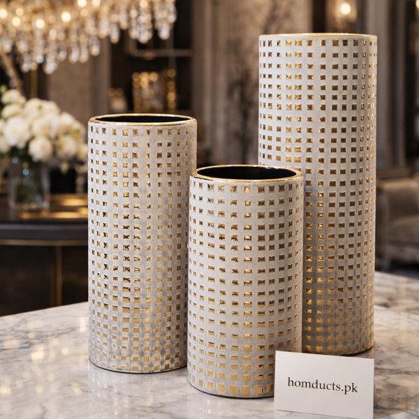 Luxury Gold Cutwork Ceramic Vase – Elegant Home Décor (Single Piece, Multiple Sizes)