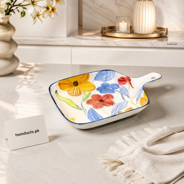 Brilliant 9 Inch Floral Ceramic Square Serving Dish with Handle – Premium Decorative Serving Plate