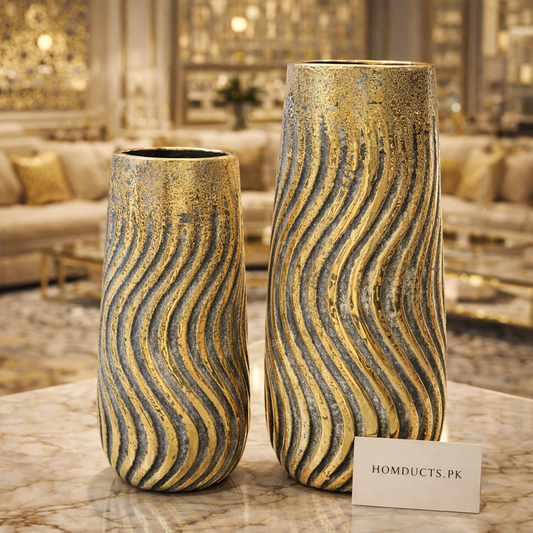 Luxury Gold Ripple Ceramic Decorative Vase – Premium Textured Finish (Available in 2 Sizes)