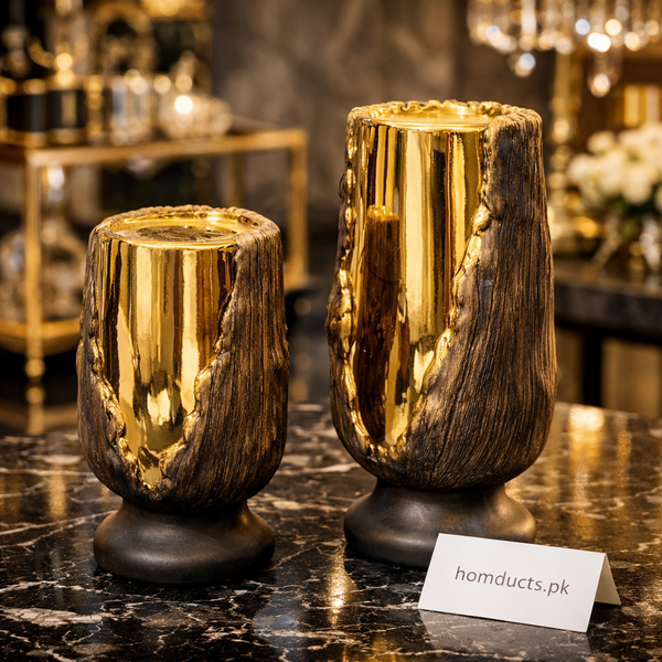 Luxury Gold & Wood-Texture Decorative Vase | Premium Home Décor (Available in 2 Sizes) – Homducts.pk