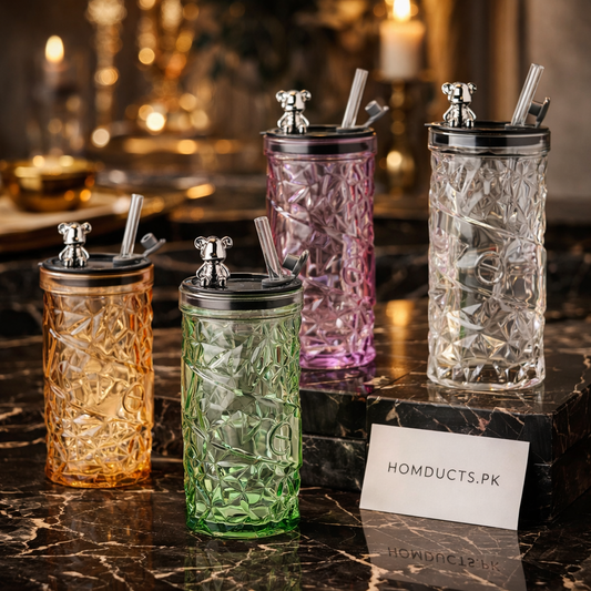 Luxury Crystal Glass Tumbler with Bear Lid & Straw – 1 Pc