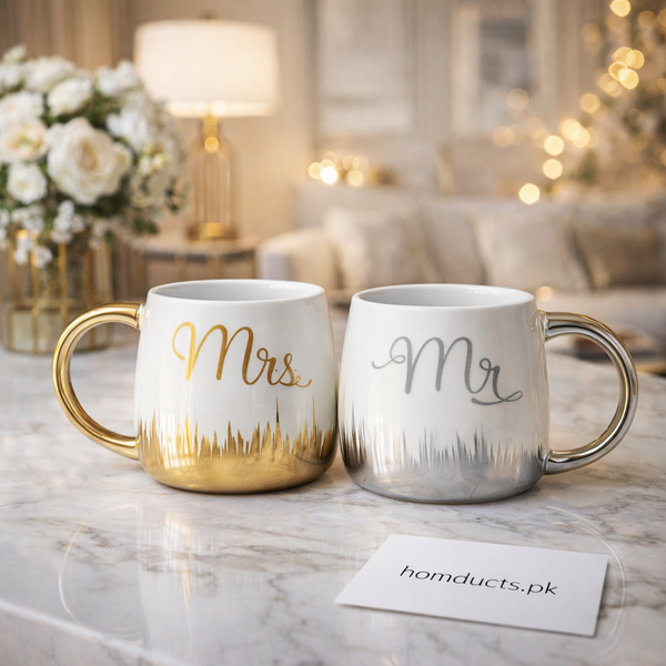 Luxury Mr & Mrs Ceramic Mug Set (2-Piece Couple Coffee Cups with Gold & Silver Finish)