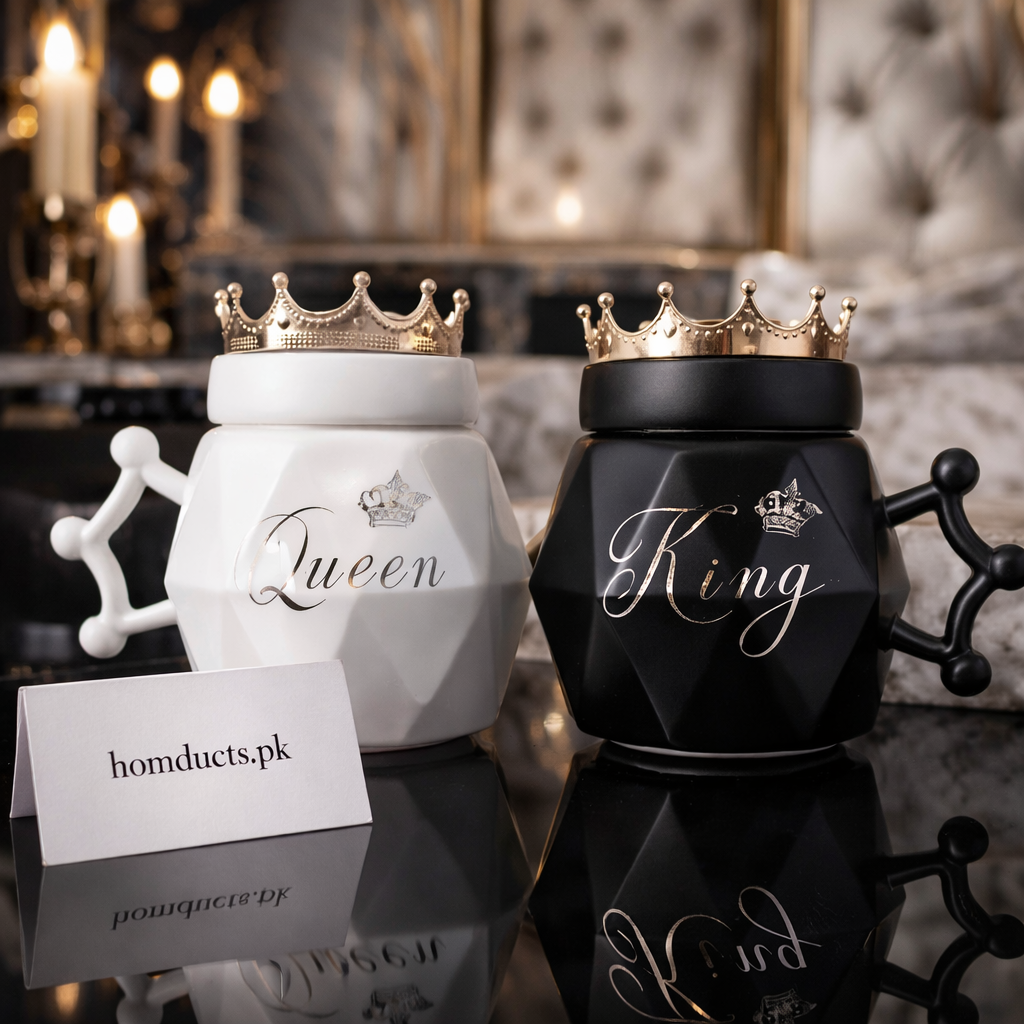 Luxury King & Queen Ceramic Jar Set with Crown Lids – Elegant Home Décor Storage (Set of 2)