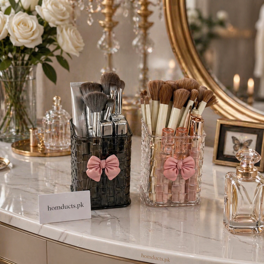 Luxury Acrylic Makeup Brush Organizer with Bow Design – Elegant Vanity Storage Holder