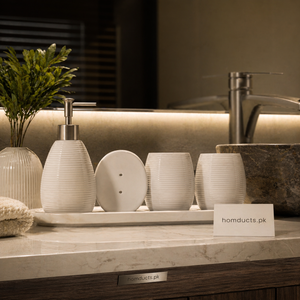 Luxury Ribbed Ceramic Bathroom Accessories Set – Soap Dispenser & Tumblers (