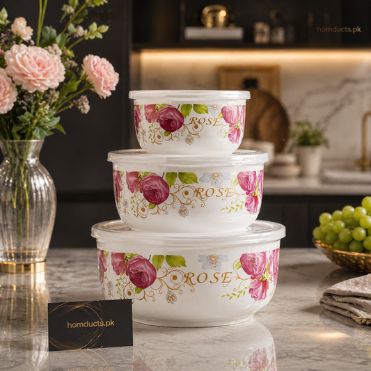 Luxury 3 Piece Floral Ceramic Food Storage Bowl Set with Lids – Elegant Kitchen Serving & Storage Collection