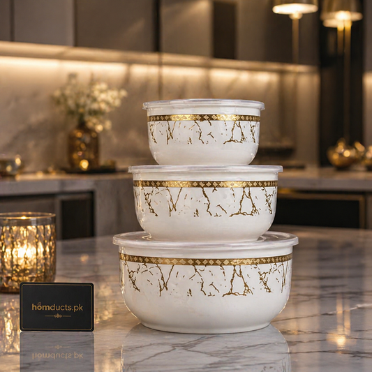 Luxury 3-Piece Marble Design Storage Bowl Set with Lids – Elegant Kitchen Organizer Set