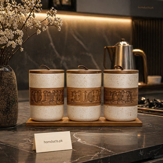 Luxury 3-Piece Ceramic Kitchen Storage Jar Set with Wooden Lid & Tray – Coffee Sugar Tea Organizer