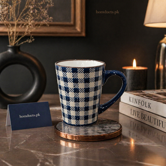 Luxury Gingham Ceramic Mug Set – 4 Pcs Premium Tea & Coffee Cups for Home & Office