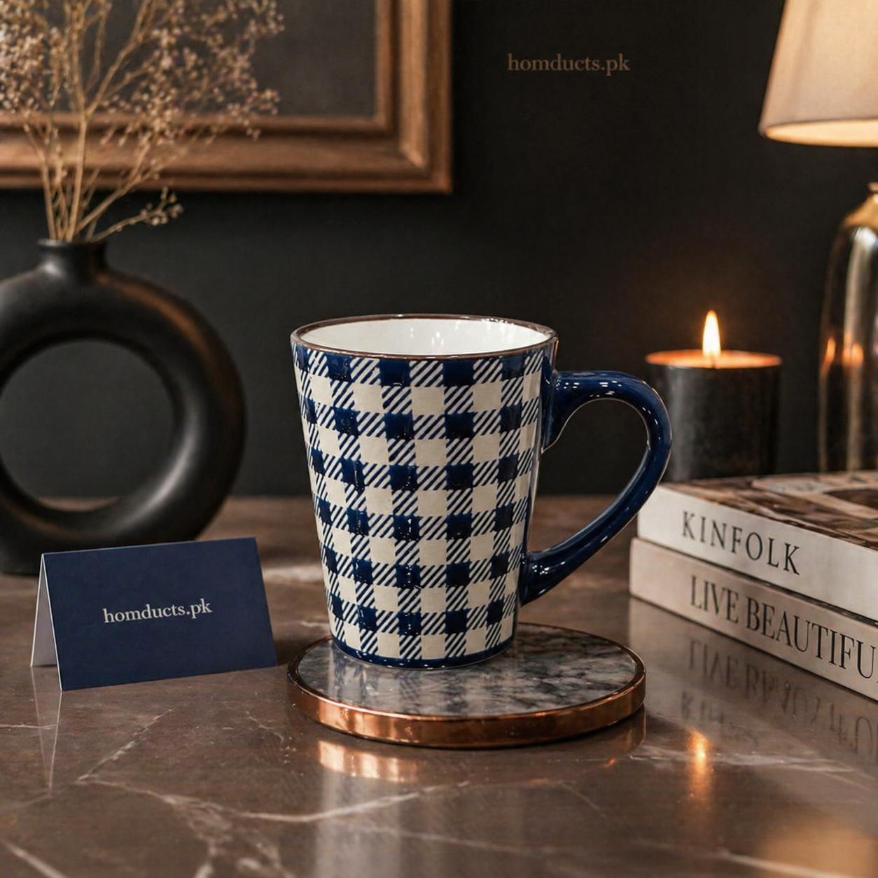 Luxury Gingham Ceramic Mug Set – 4 Pcs Premium Tea & Coffee Cups for Home & Office