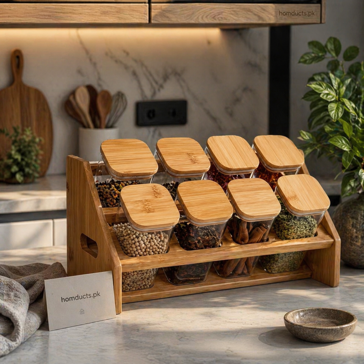 Premium 8 Jar Spice Organizer Rack with Stand – Modern Kitchen Storage Set