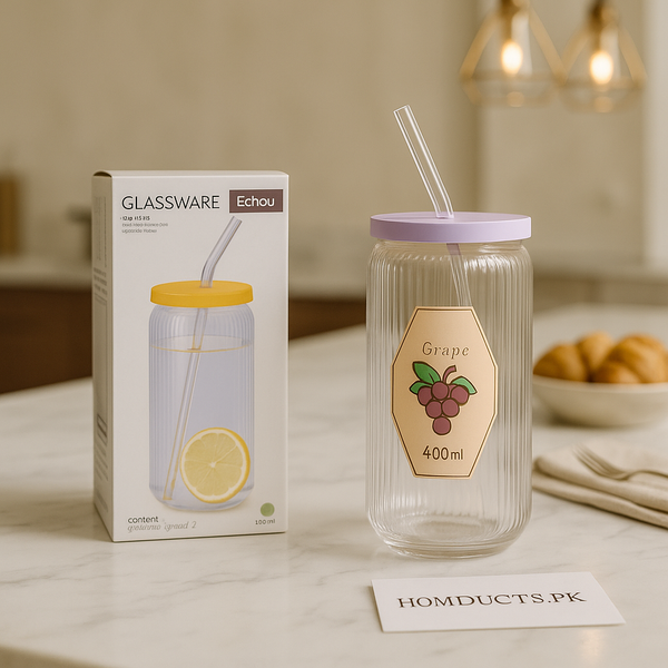 Echou 400ml Premium Glass Tumbler with Straw – Grape Design