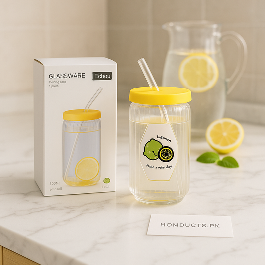 Echou Premium 300ml Lemon Glass Tumbler with Straw & Yellow Lid