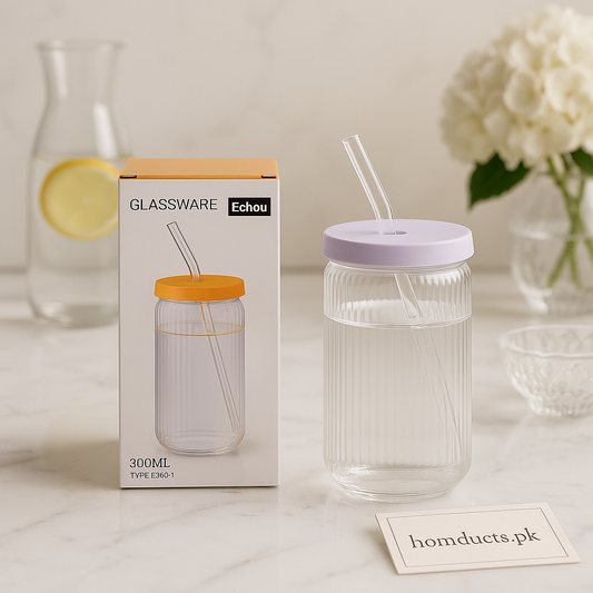 Echou 300ml Premium Glass Tumbler with Lid & Straw – Transparent Ribbed Design