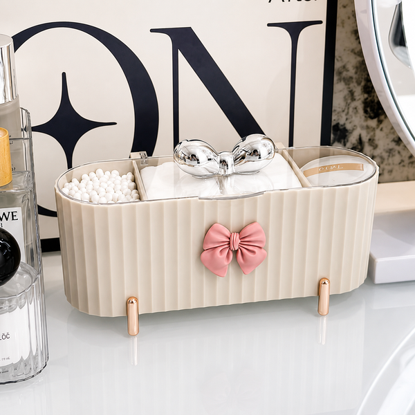 Premium Multi-Section Cosmetic Organizer with Decorative Bow Design