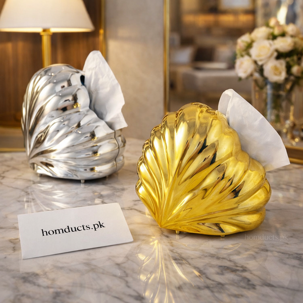 Luxury Shell-Inspired Tissue Holder | Gold & Silver Decorative Tabletop Tissue Box – Homducts.pk